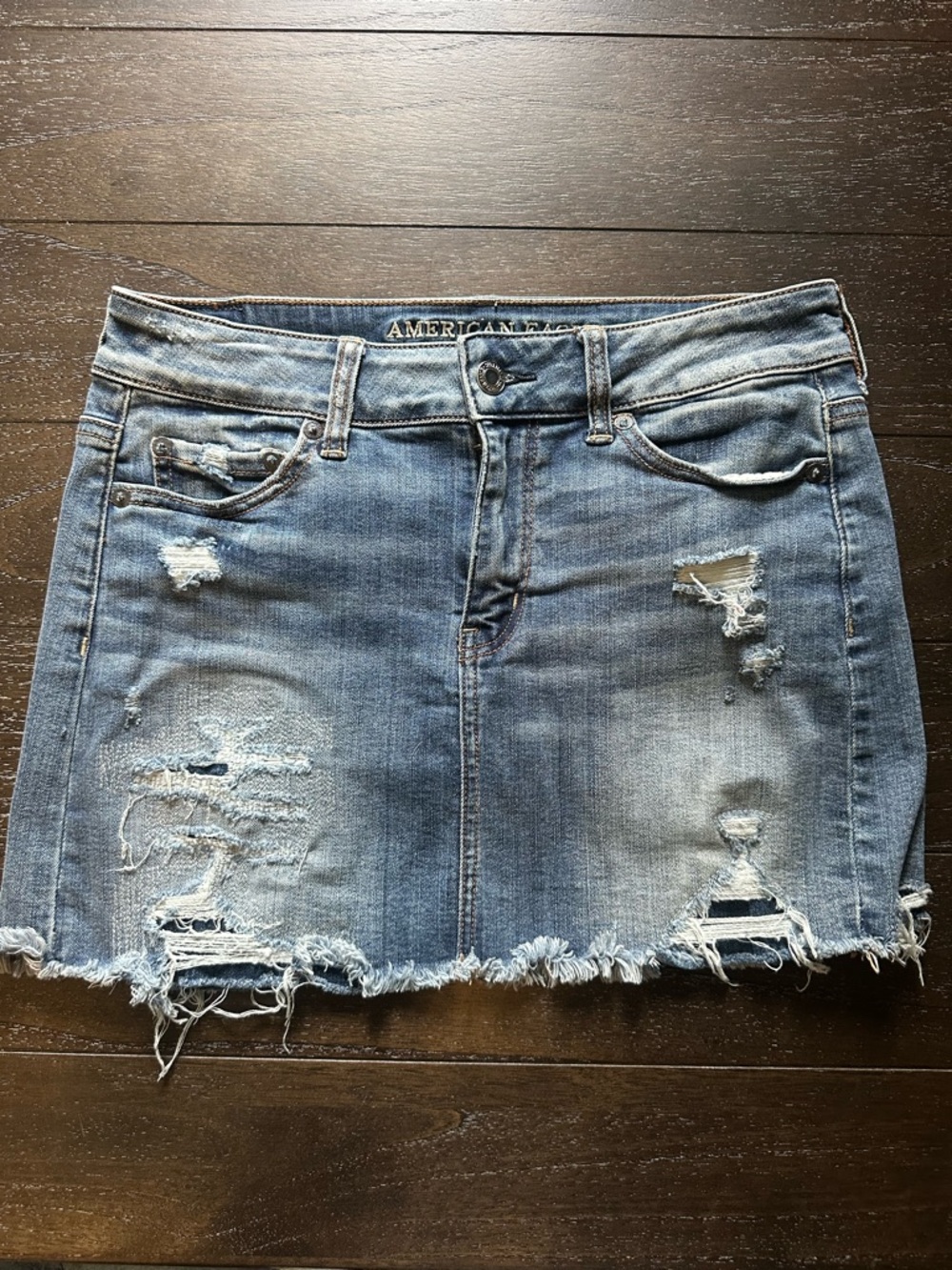 American Eagle Outfitters Light Blue Distressed Denim Mini Skirt